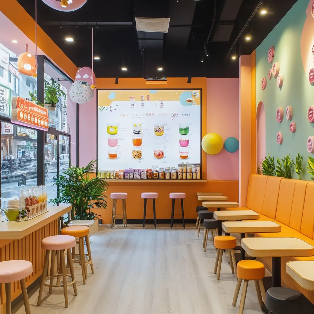 Vibrant Modern Boba Tea Shop Interior Design A vibrant and trendy boba tea shop interior with neon lights and modern furniture.