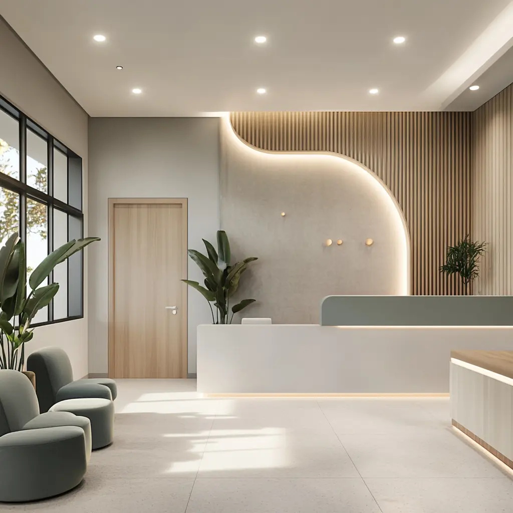 A modern dentist reception area with a sleek reception desk, comfortable seating, and calming color palette.
