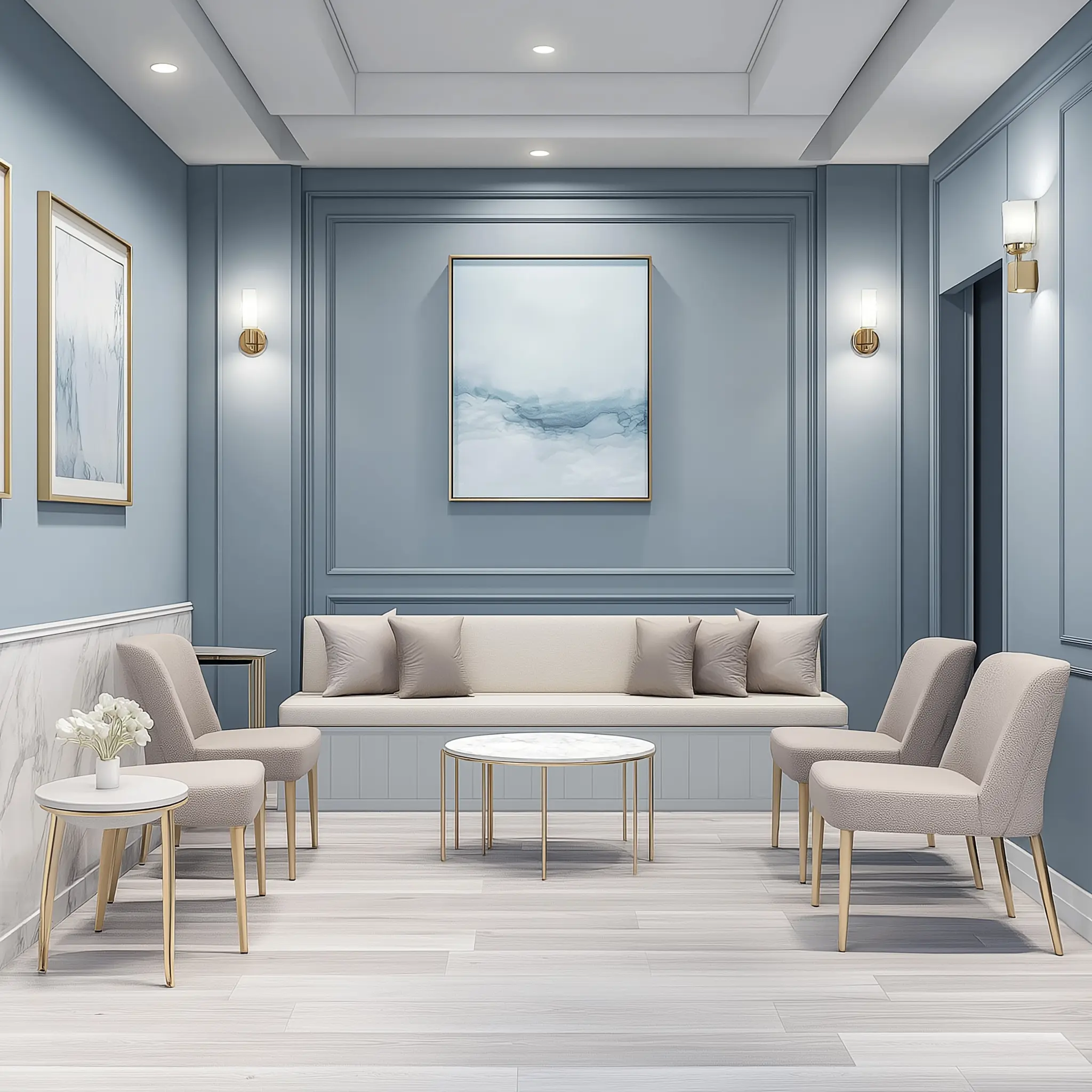 Photorealistic image of a doctor's office reception area with blue walls, white oak flooring, marble accents, and brass details.