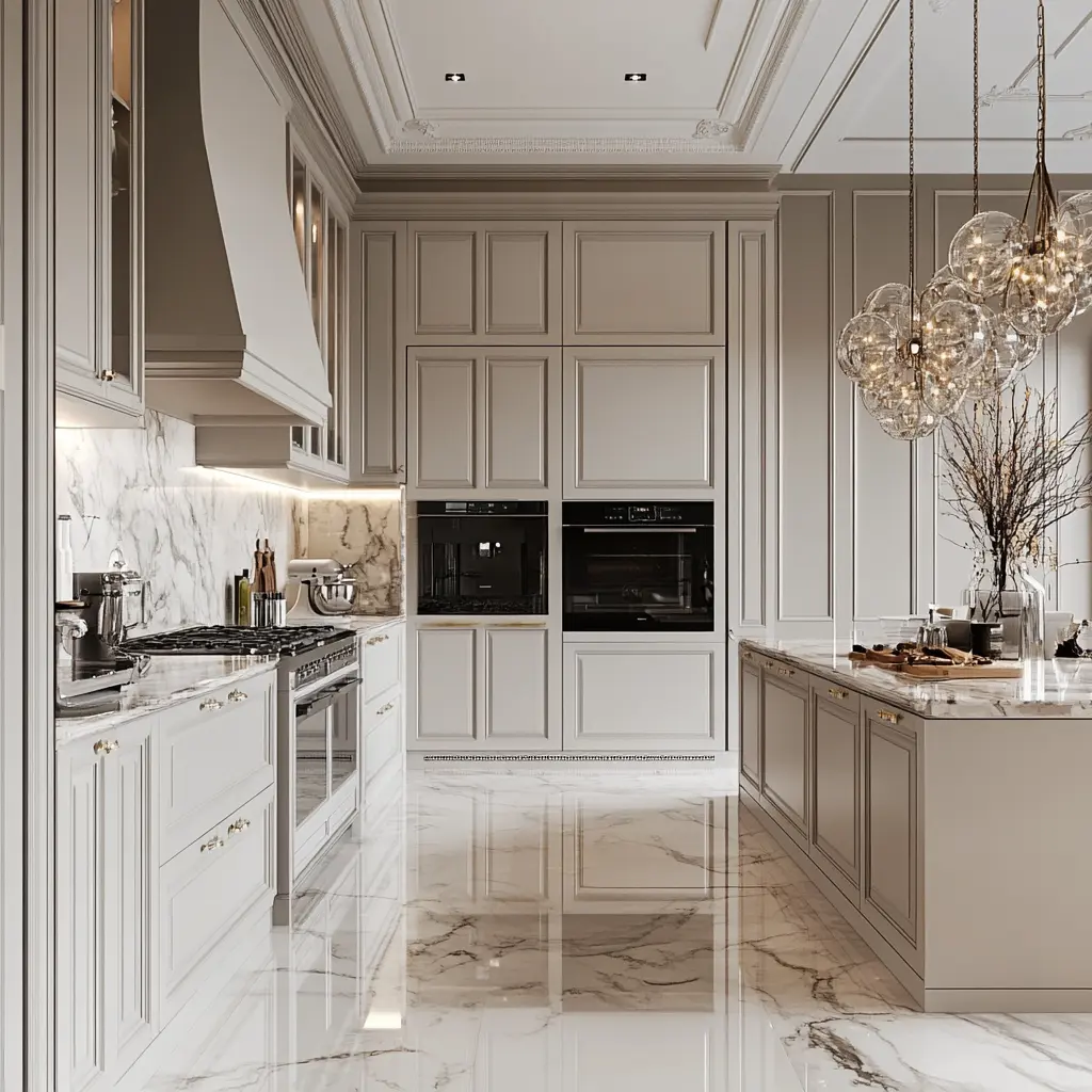 Modern French Kitchen Design with Light Tones A modern French kitchen with white cabinets, a marble countertop, and brass hardware.