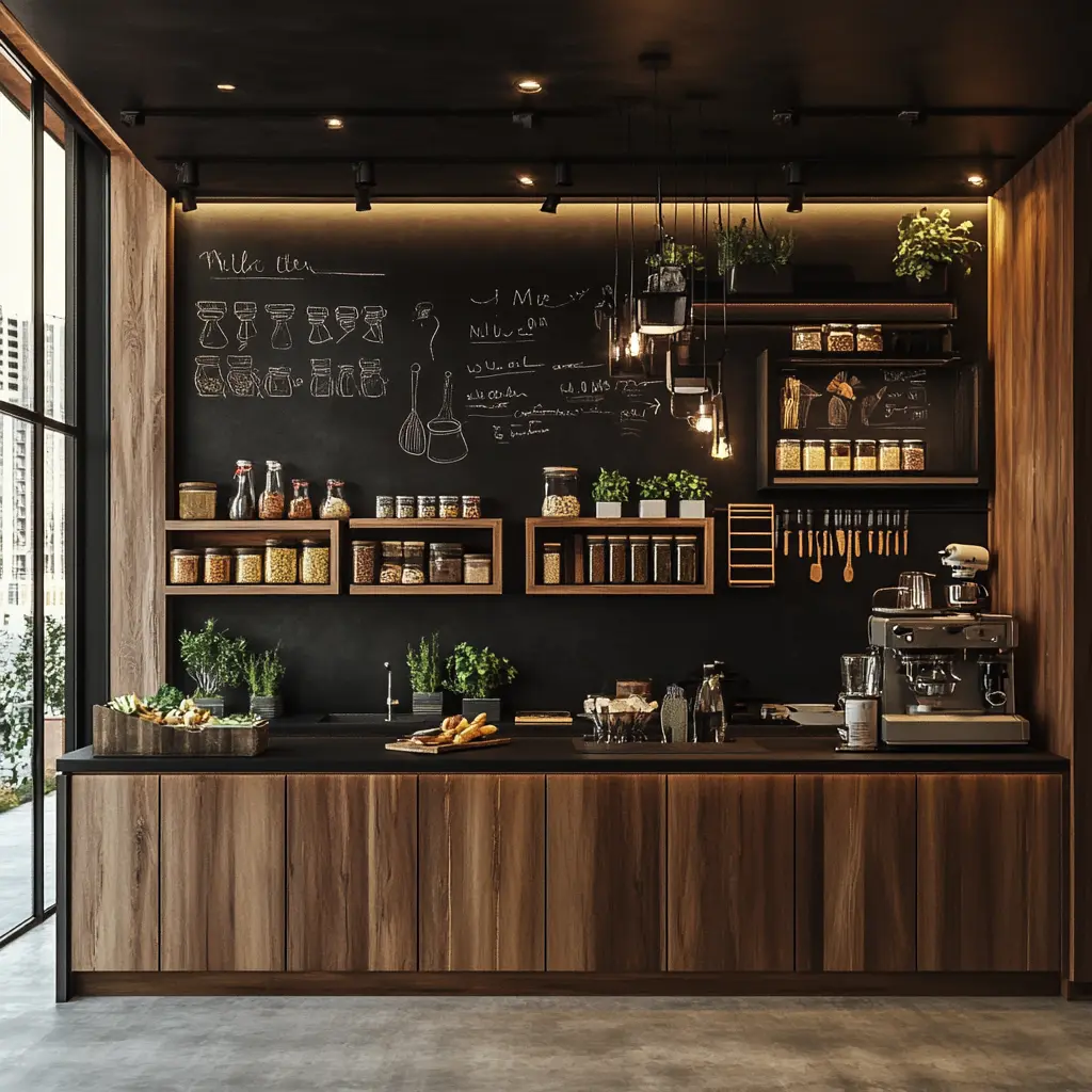 A close-up of a modern Cookroom with a black chalkboard wall framed in wood, displaying handwritten recipes and meal plans.