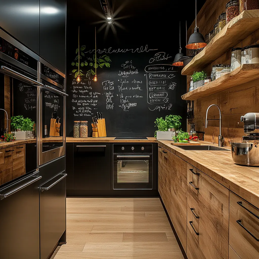 A close-up of a modern kitchen with a black chalkboard wall framed with wood, filled with handwritten recipes and meal plans.