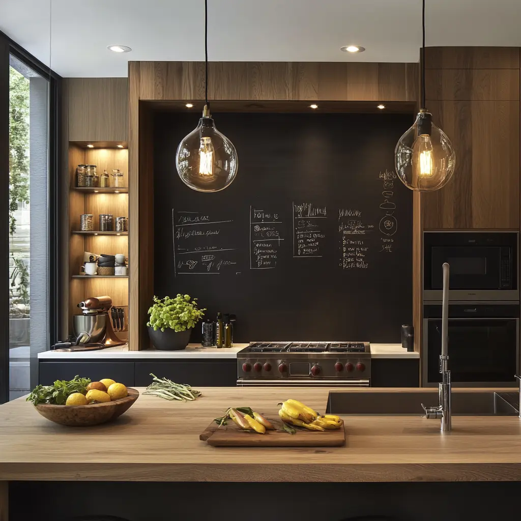 A modern kitchen with a black chalkboard wall, sleek cabinets, warm lighting, and a combination of contemporary and rustic design elements.