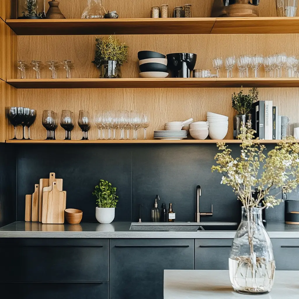 A modern kitchen featuring sleek open shelving made of wood, showcasing beautifully arranged dishes, glassware, and small plants.