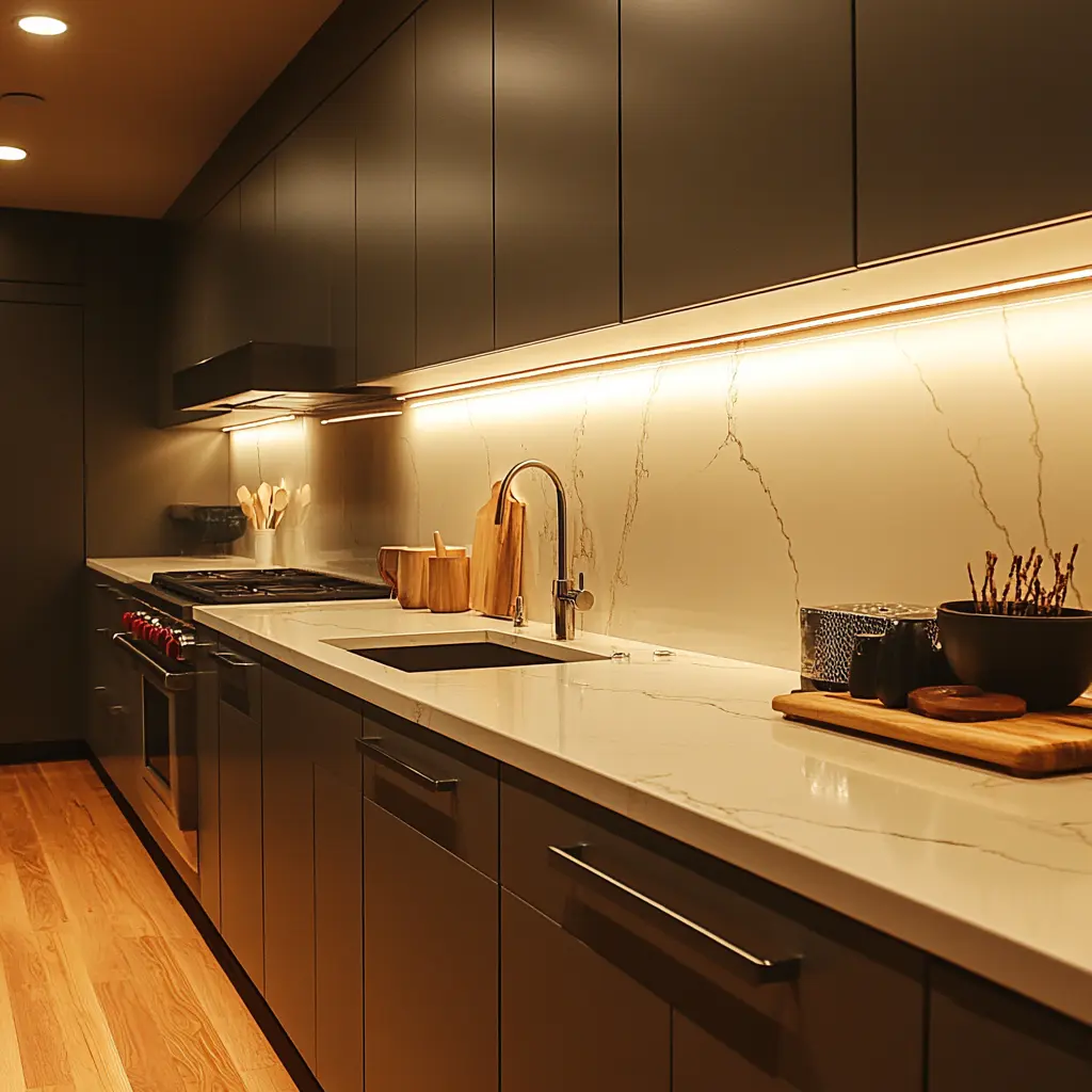 Warm white LED lights illuminating the countertops in a modern kitchen with sleek cabinetry.
