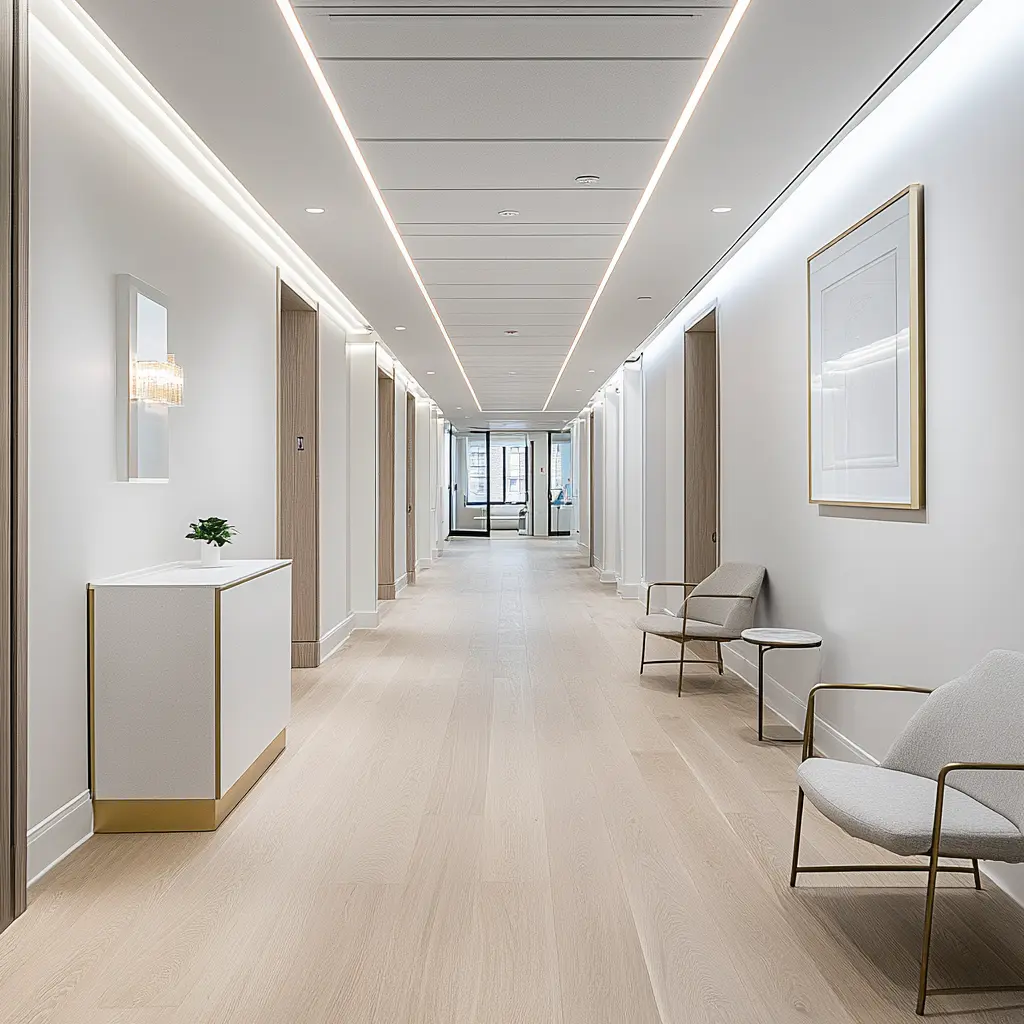 A medical professional greeting a patient in a modern and well-lit medical office.