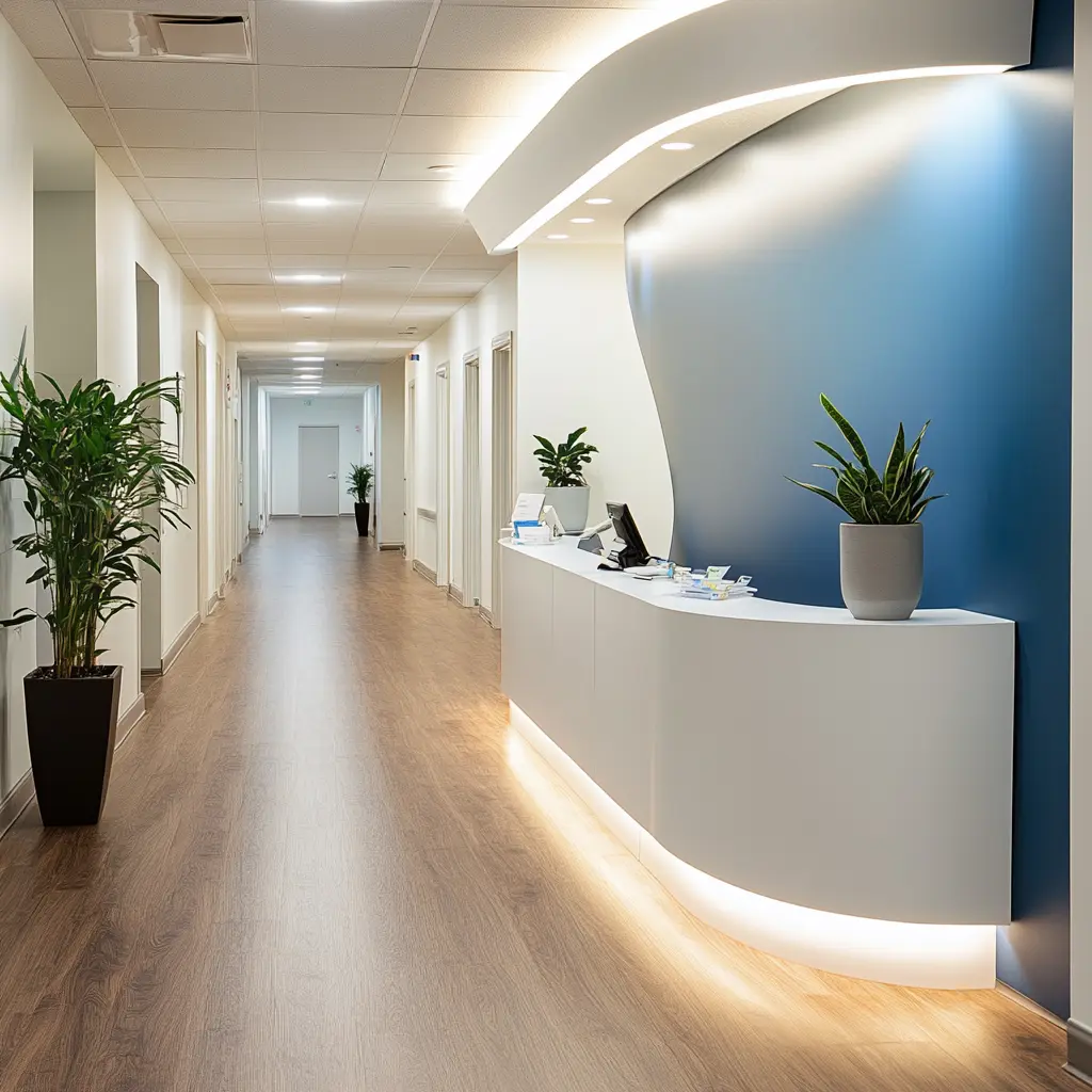 A photo of a modern medical office reception area with a low curved reception desk, a bright blue accent wall, and warm wooden floors.
