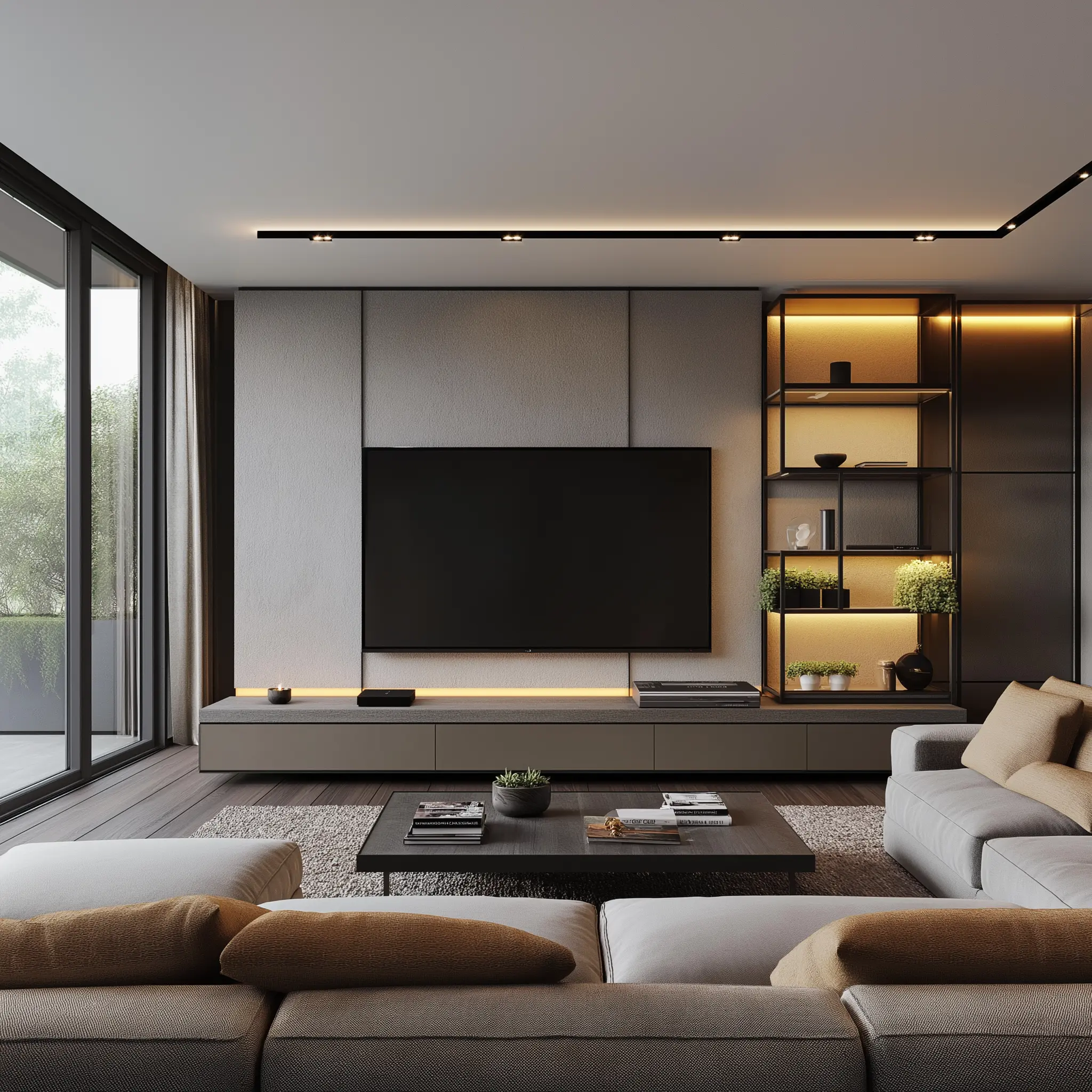 Sleek Modern Living Room: Minimalist Entertainment Area Design A modern living room with a minimalist aesthetic, featuring a wall-mounted TV, a sleek media console, and a comfortable sectional sofa.