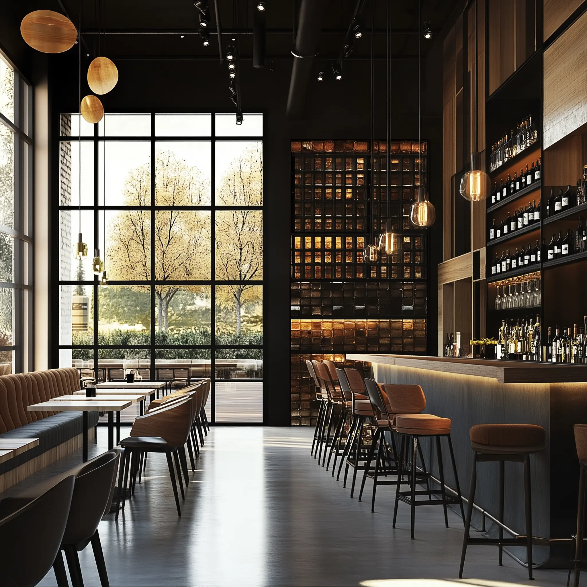 A rendering of a modern tapas bar interior with a sleek bar area, high stools, and a stylish wine bottle display.