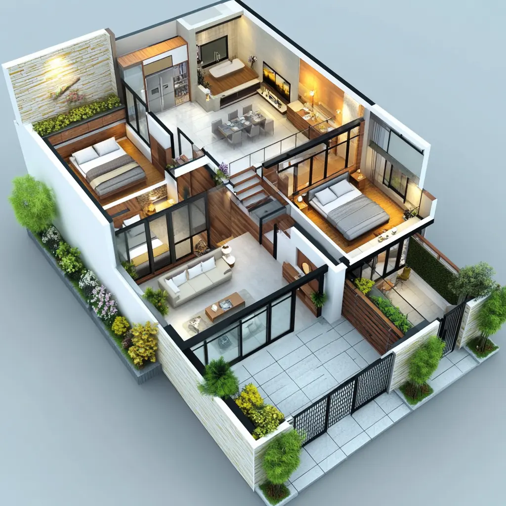 3D visualization of a modern two-story house with a rooftop deck, showcasing the cozy and functional interior design.