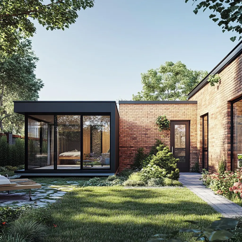 Modular vs. Traditional: Side-by-Side Home Comparison  A side-by-side comparison of a modern modular home and a traditional brick house.