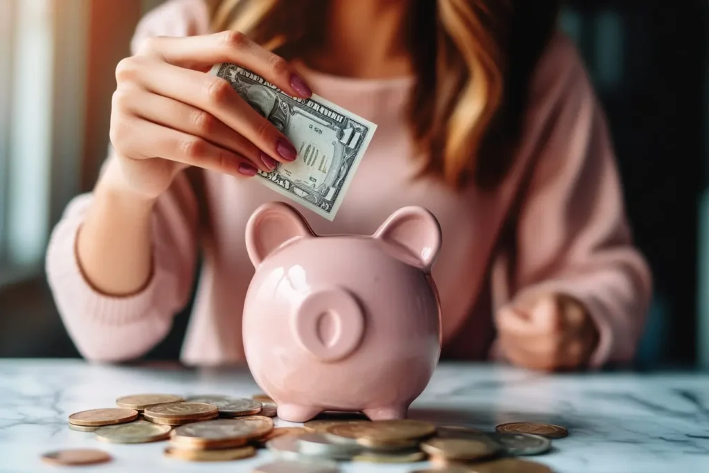 A white piggy bank filled with gold coins.
