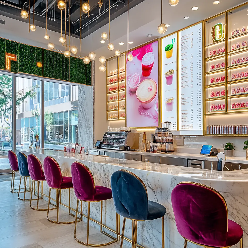 Vibrant bubble tea drinks displayed on a backlit menu wall in a luxurious boba shop.