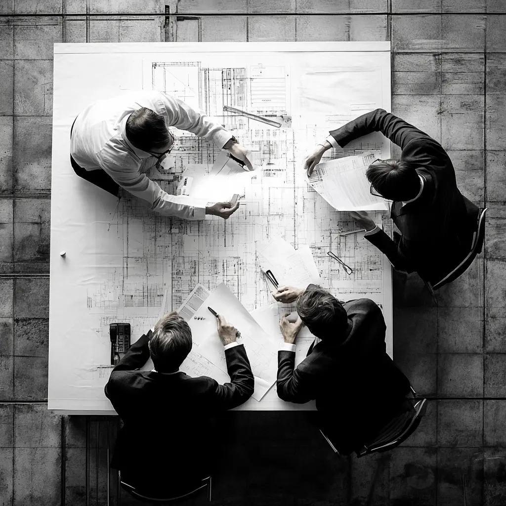 A collaborative team of project managers working together on a project.