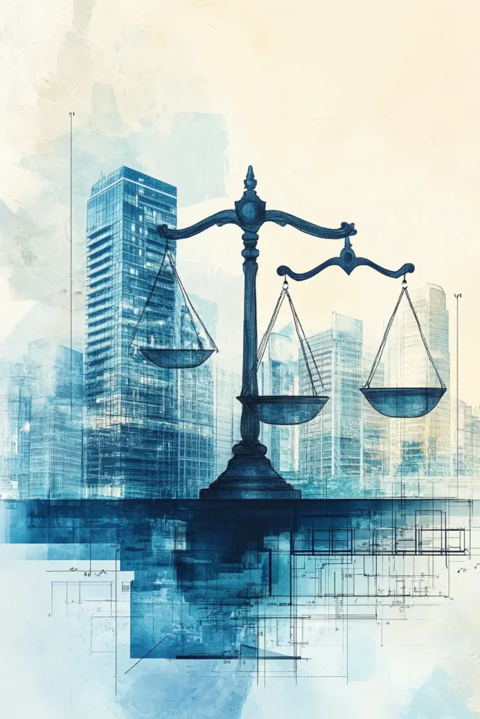 building homes An image representing real estate law, showcasing a cityscape, legal documents, and a scale of justice, symbolizing guidance and support for clients.