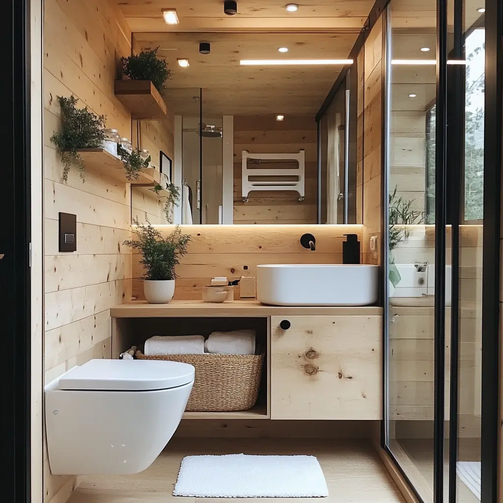 A small, cozy bathroom with wooden elements, plants, and a Scandinavian design.