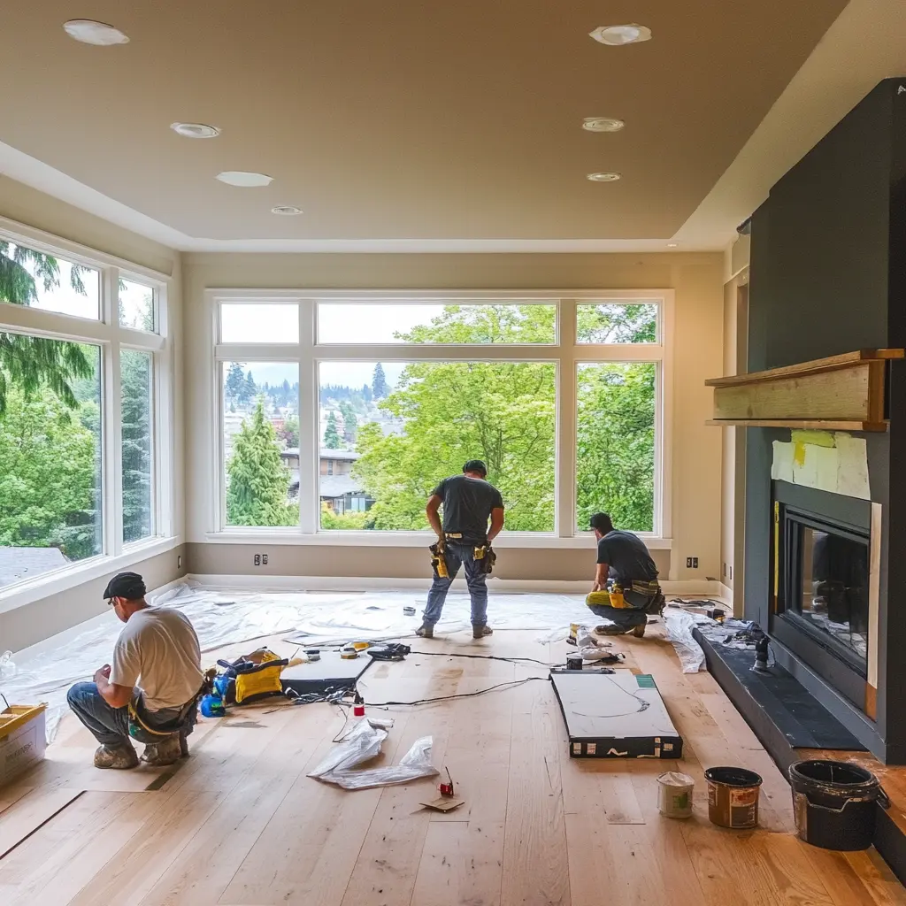 A team of workers renovating a living room in Seattle, sanding floors and painting walls.
