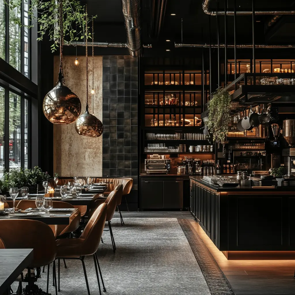 Sleek and Stylish Restaurant Kitchen Design A sleek and modern restaurant kitchen with high-end appliances and stylish lighting.