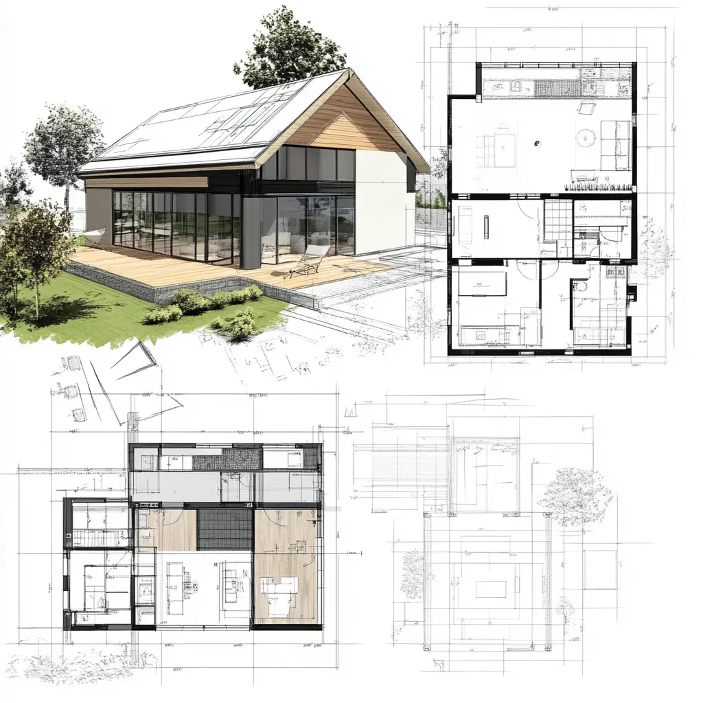 Detailed architectural drawings of a traditional Polish wooden house.