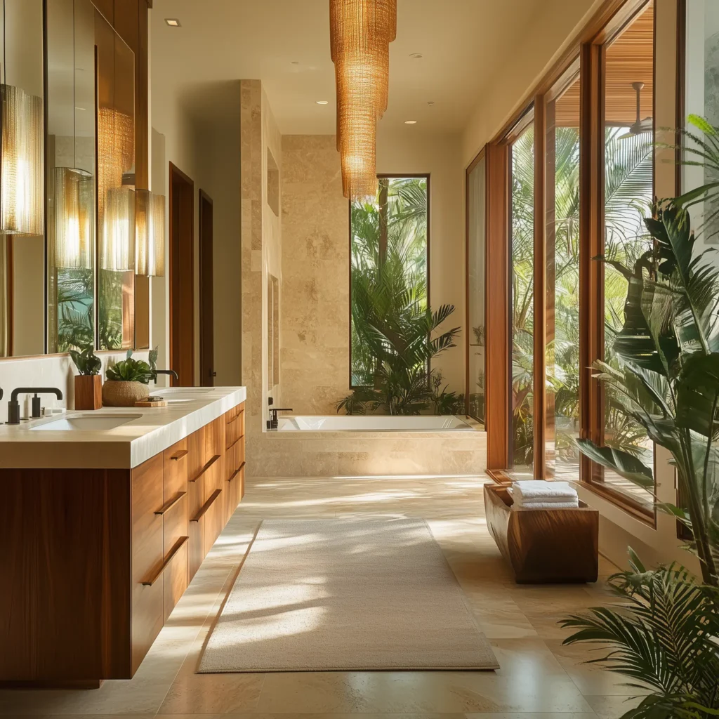 Photorealistic rendering of a tropical modern bathroom with natural stone flooring, wooden cabinetry, and lush greenery.