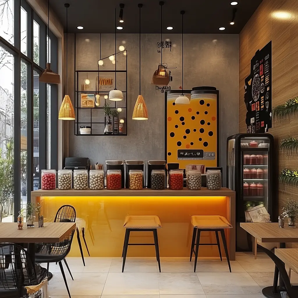 A modern boba tea shop interior with a sleek bar counter, colorful drink machines, and cozy seating areas.