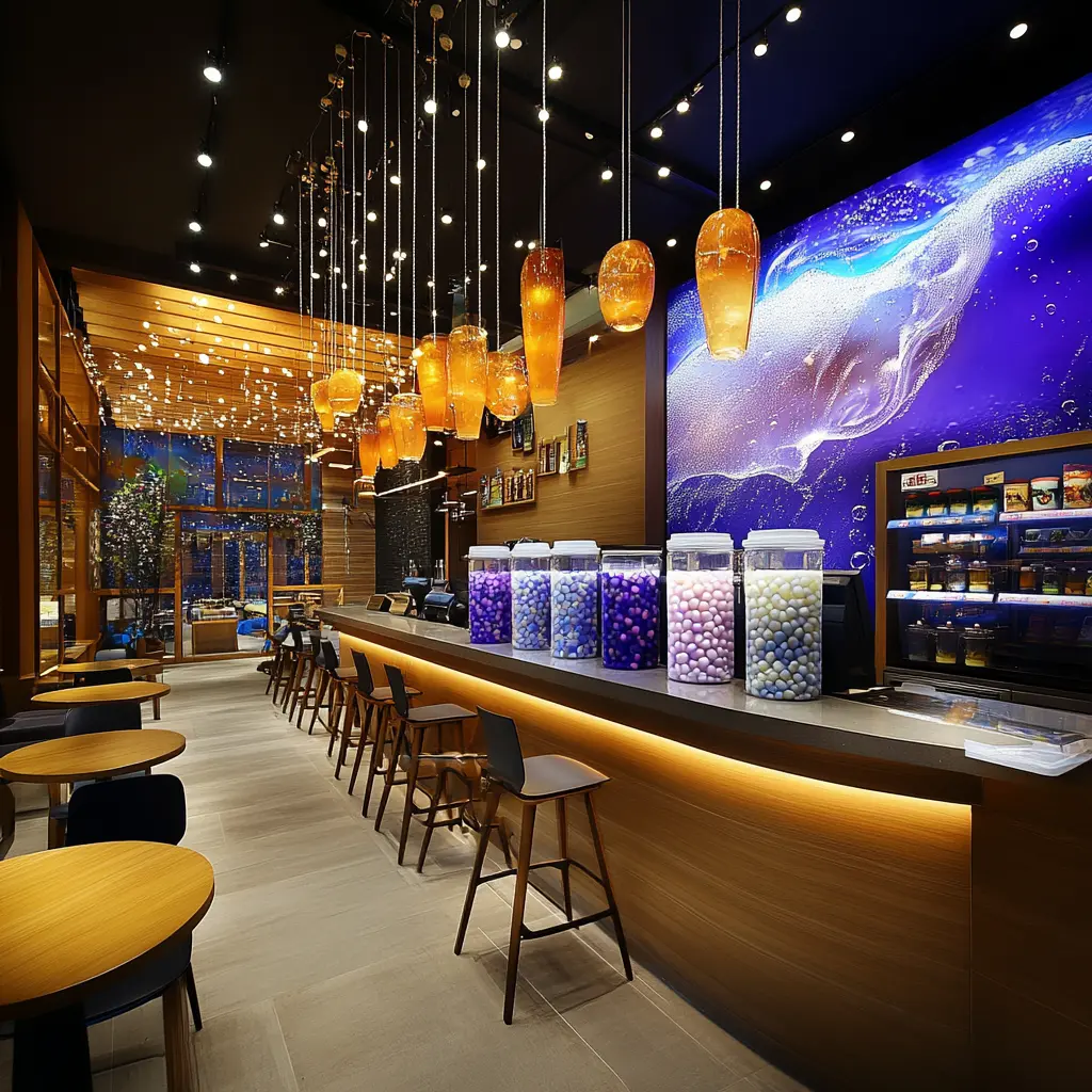 Immerse Yourself in the Boba Experience A detailed illustration of a modern boba tea shop interior with a vibrant mural, stylish seating, and a well-stocked bar counter.