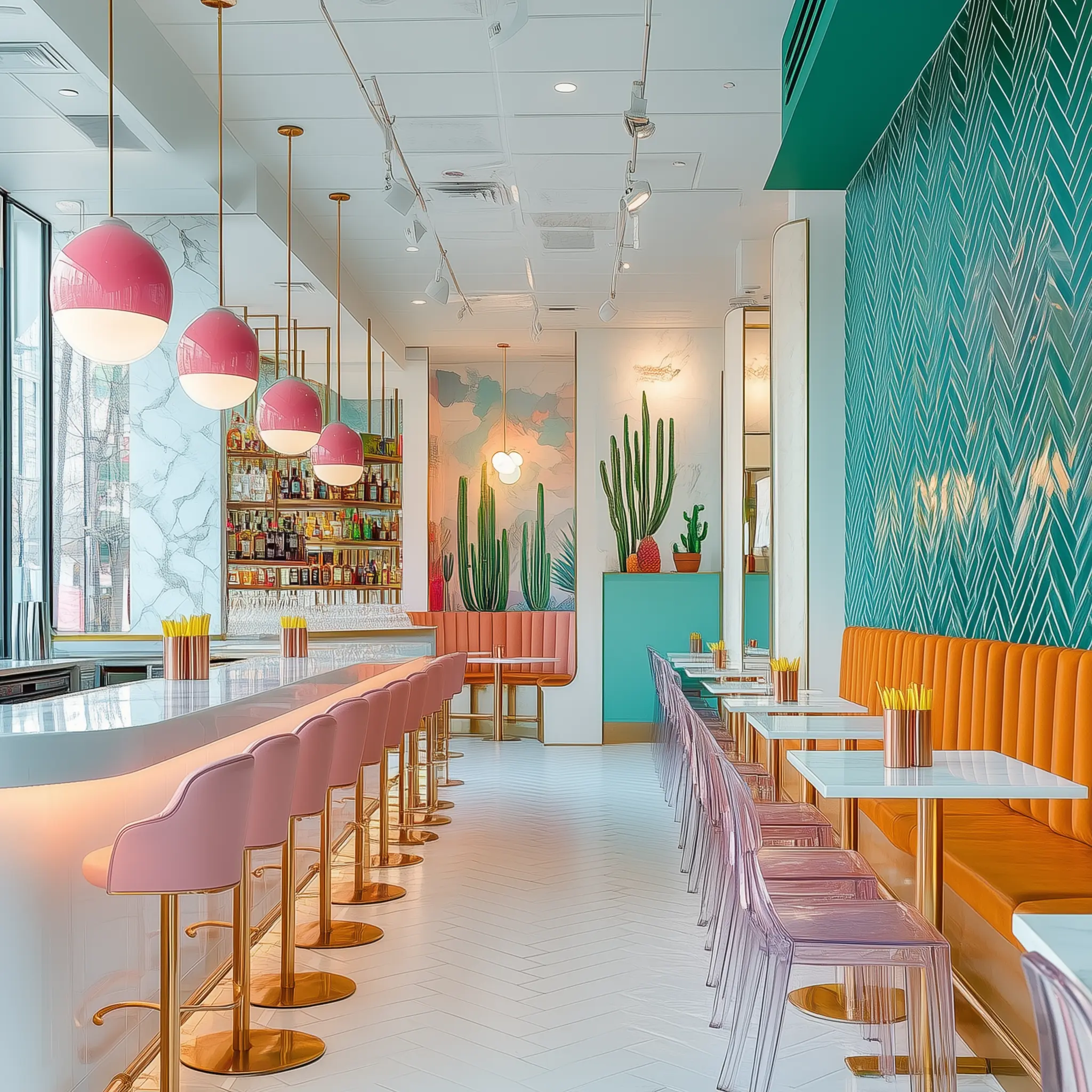 A vibrant fast-casual restaurant with white walls, hot pink accents, and geometric floor tiles.