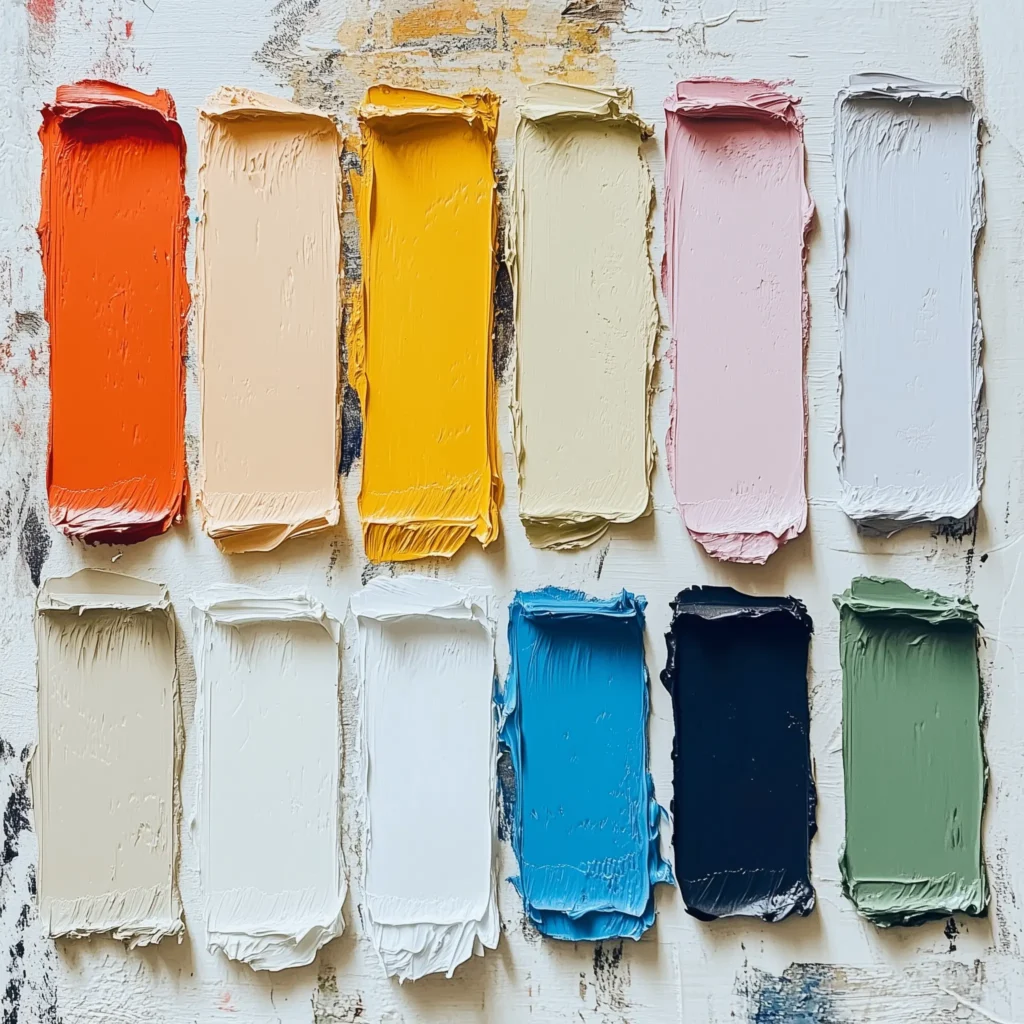 A mood board showcasing various color palettes featuring white and contrasting colors for graphic design.