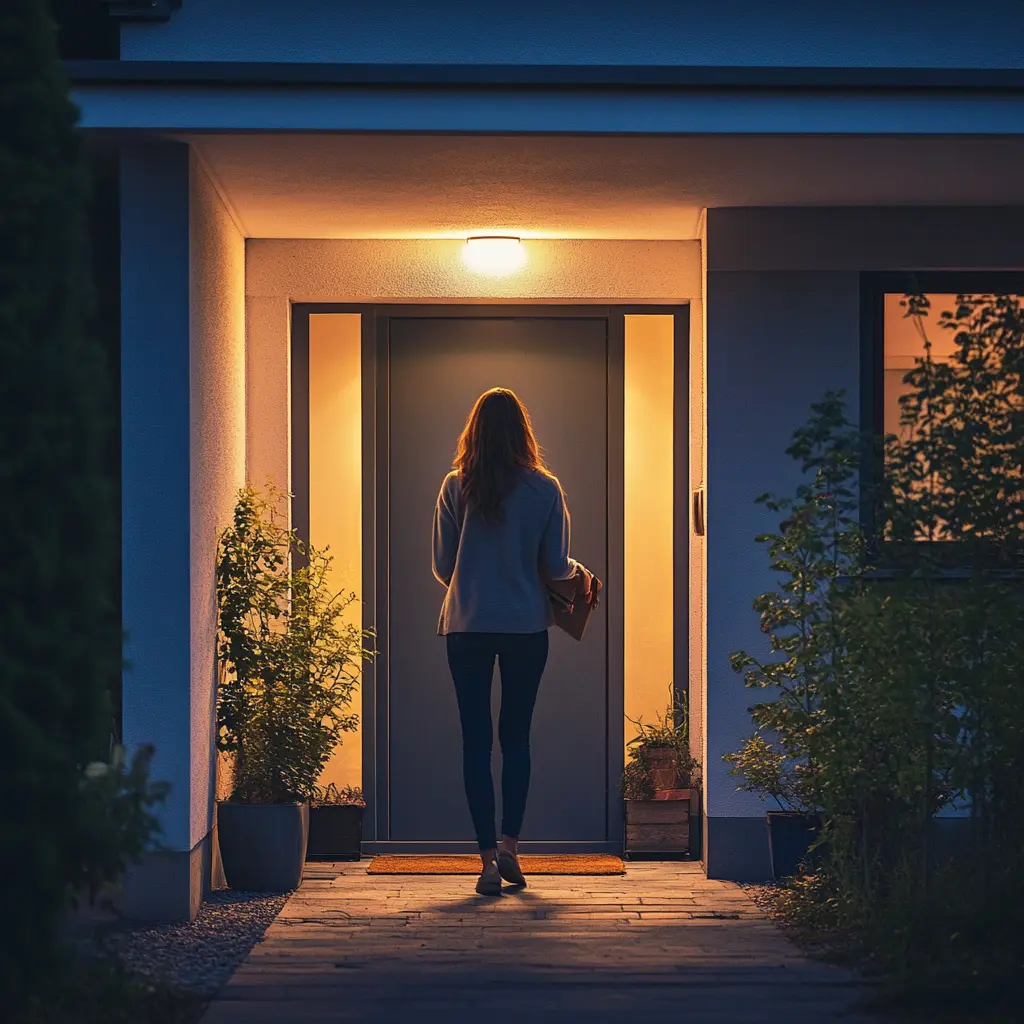 A woman opening her front door at night, standing in the doorway with a warm light behind her.