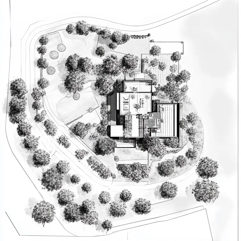 Site plan of the Campbell Orchard Residence, showcasing its integration with the natural surroundings.