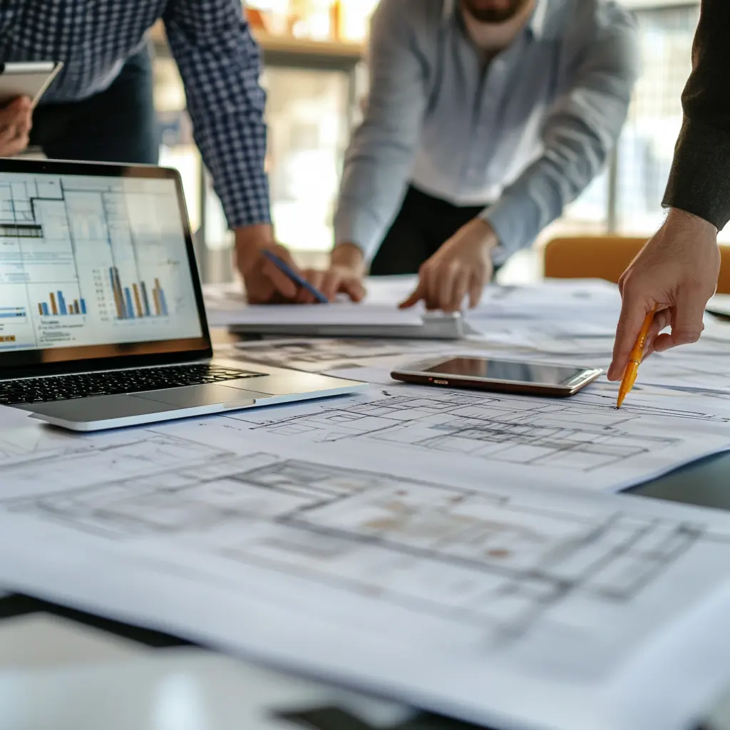 A group of professionals in a modern conference room reviewing architectural blueprints and financial documents.