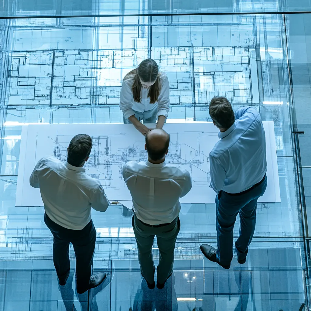 A team of professionals, including an engineer, IT director, CEO, and contractor, gathered around a blueprint.
