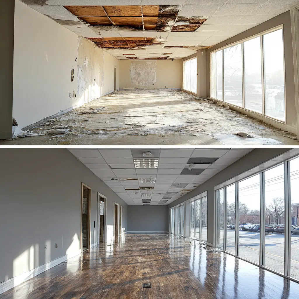Commercial Renovation: Before and After Transformation A side-by-side comparison of a commercial space before and after renovation.