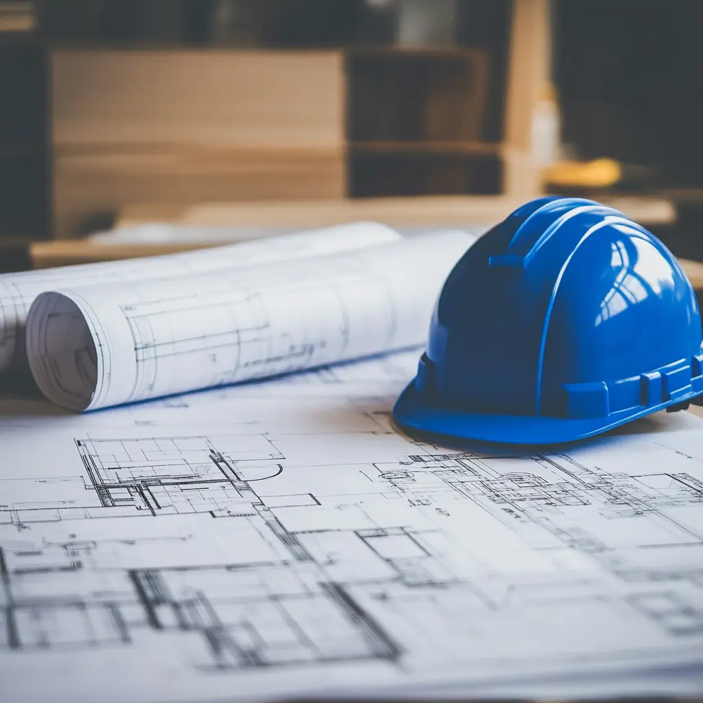 Flat blueprints and rolled blueprints on a table with a blue hard hat.