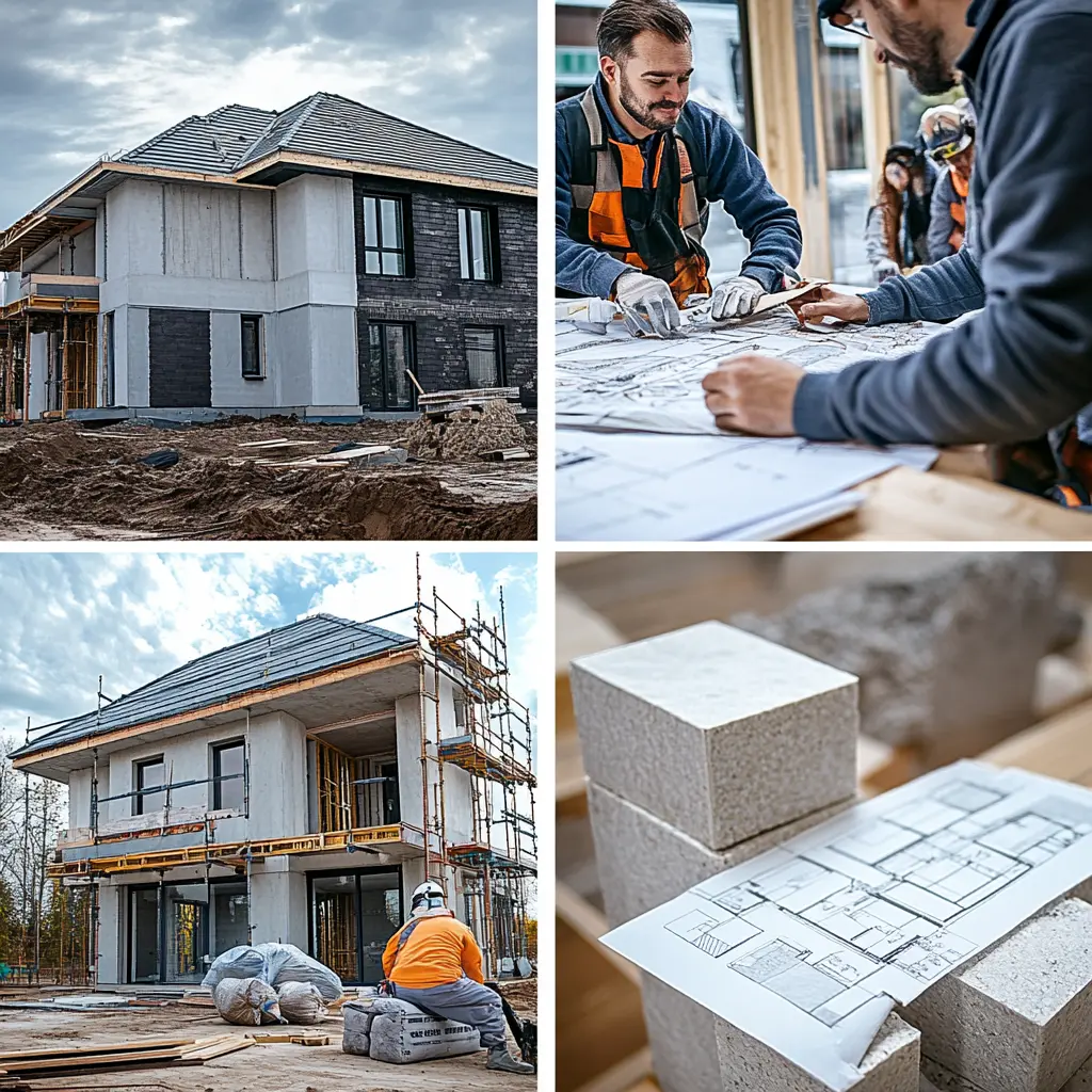 Construction workers building a residential house, showcasing modern tools and safety equipment.