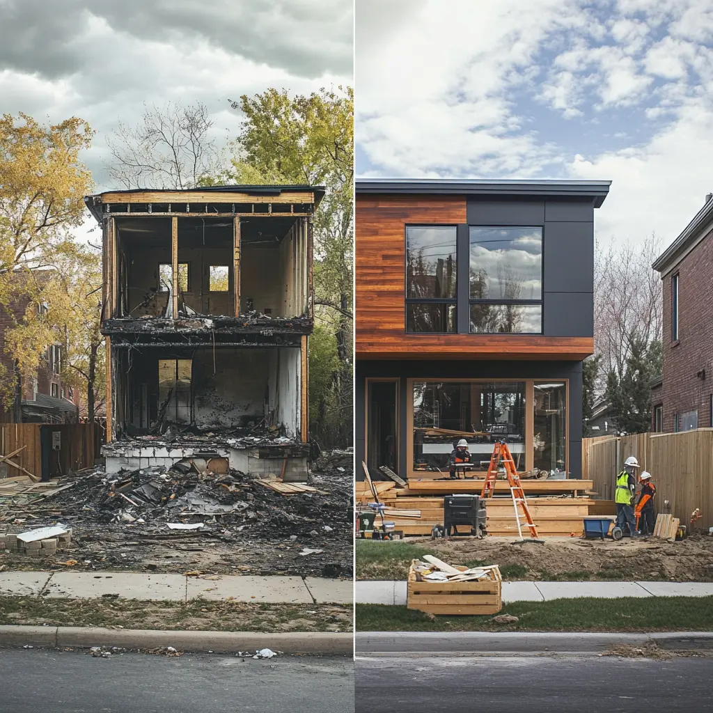 Fire Damage Restoration: Before and After A split-image showing a fire-damaged house on one side and a fully restored home with modern design elements and an ADU on the other.