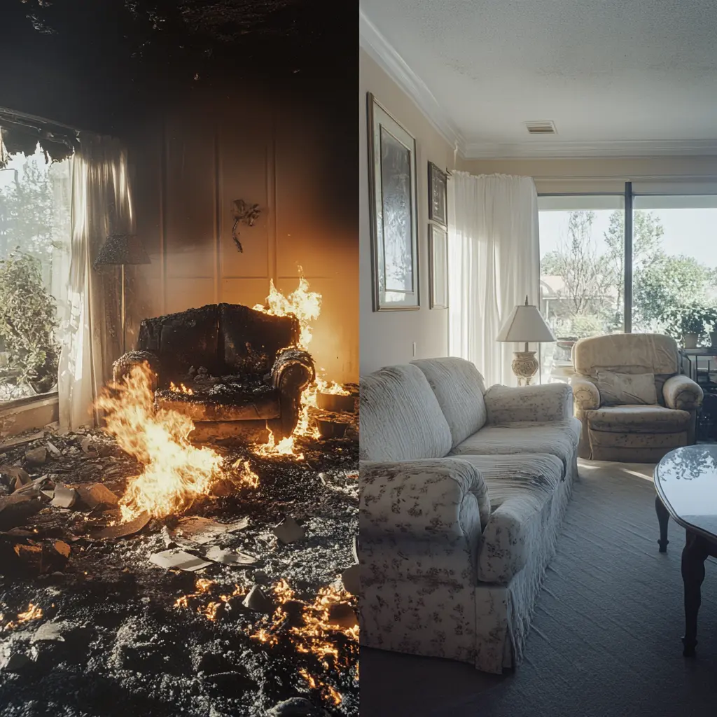 Fire Damage Restoration: Before and After A dramatic image contrasting a fire-damaged living room with a fully restored version, highlighting the power of restoration.