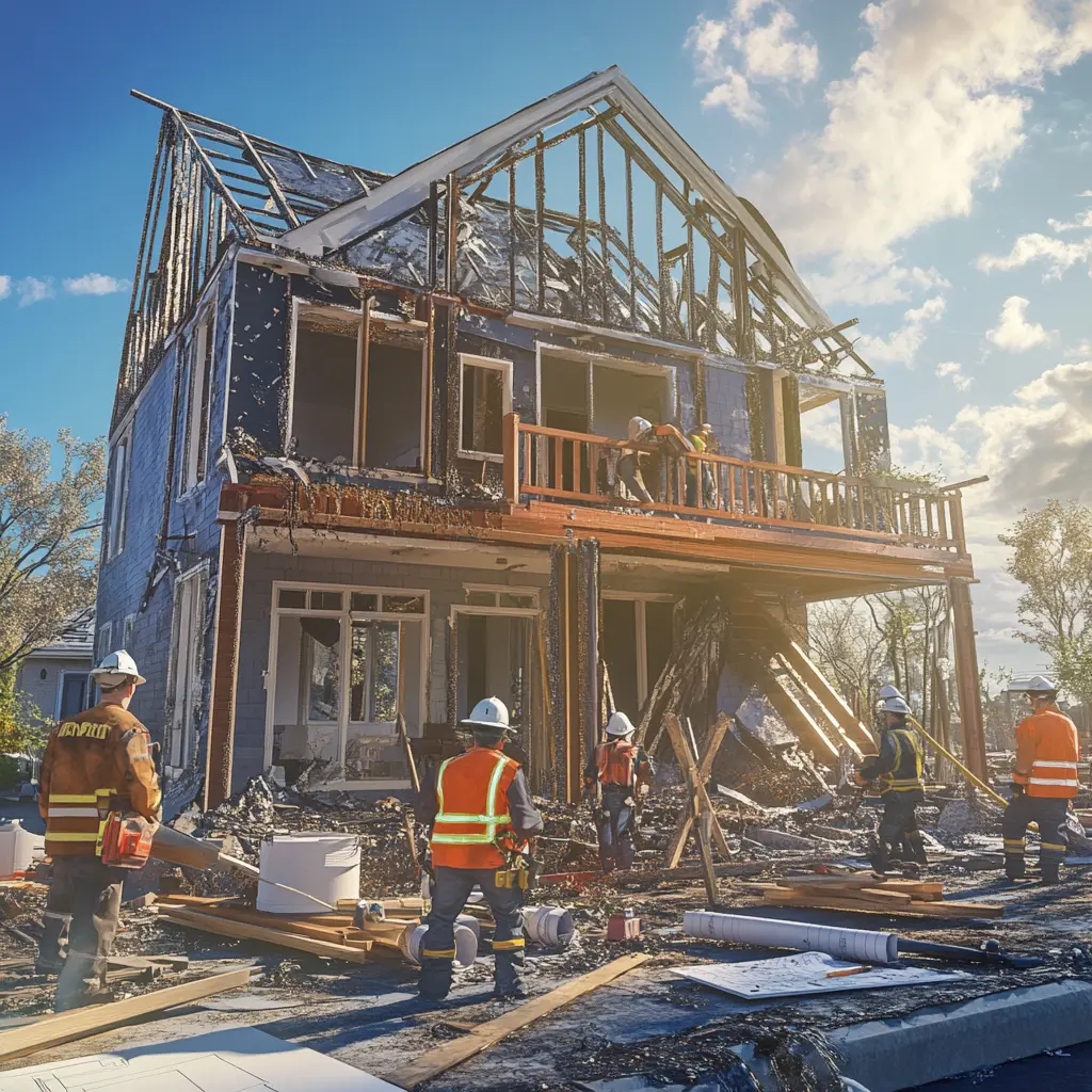 Rebuilding Dreams: Home Restoration After a Fire A team of construction workers repairing a fire-damaged house, with a team in the background working on 3D renderings for an ADU and commercial space.