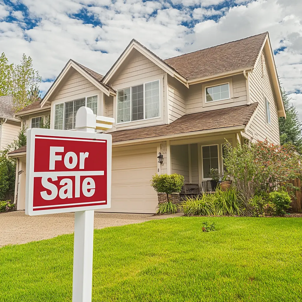 A house with a "For Sale" sign in the front yard.