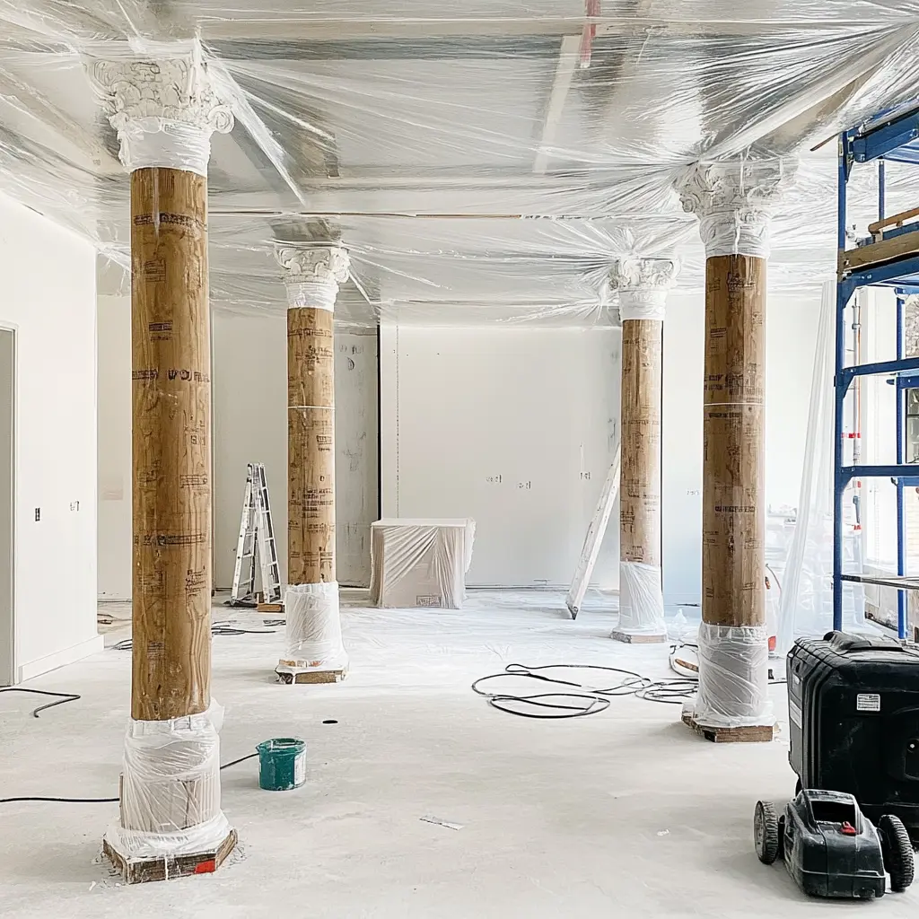 Mid-Construction in a Labyrinthine Space A room under construction with white walls, exposed metal studs, and reused wooden columns.