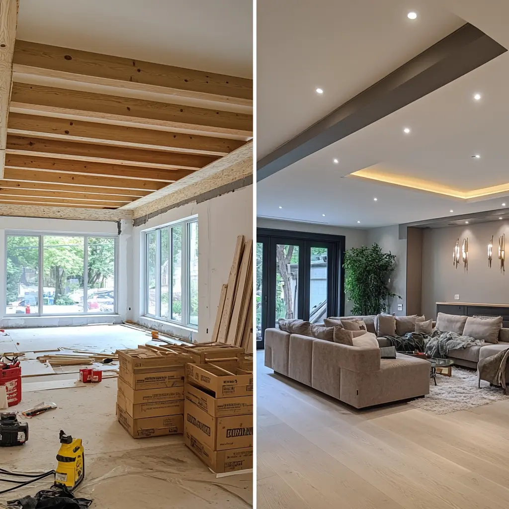 A split-screen photo showing the transformation of an unfinished living room with exposed beams and construction materials into a beautifully decorated space with furniture, plants, and lighting fixtures.