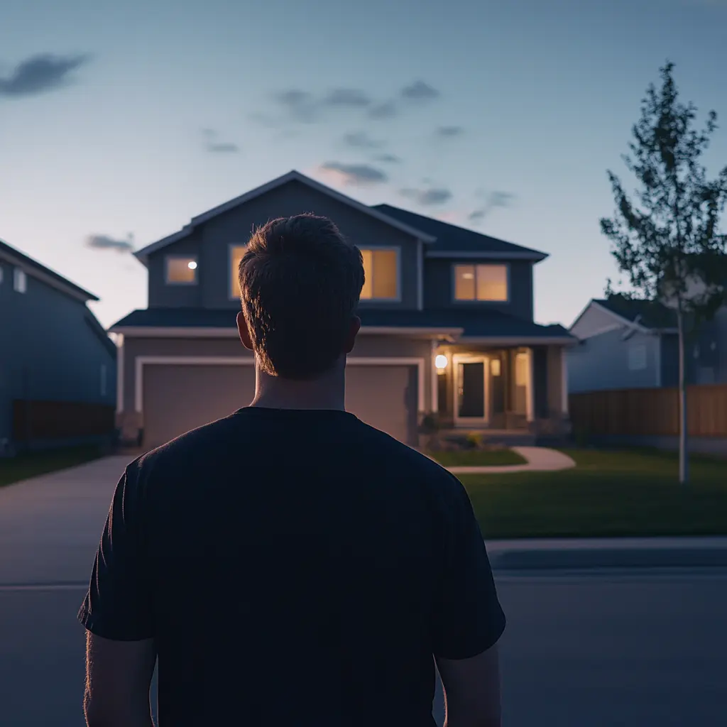 The Open Door: A Suburban Thriller A close-up view over the shoulder of a man looking across the street at a dark house with the front door open sell your Home