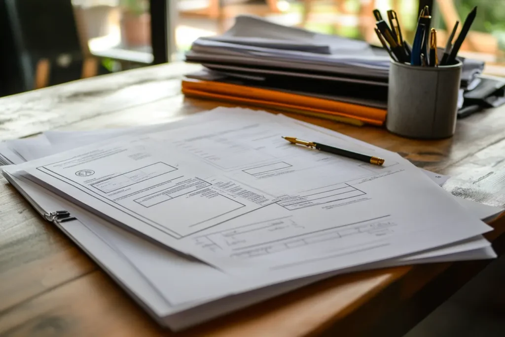 A stack of permits and documents on a desk, symbolizing efficient project management.