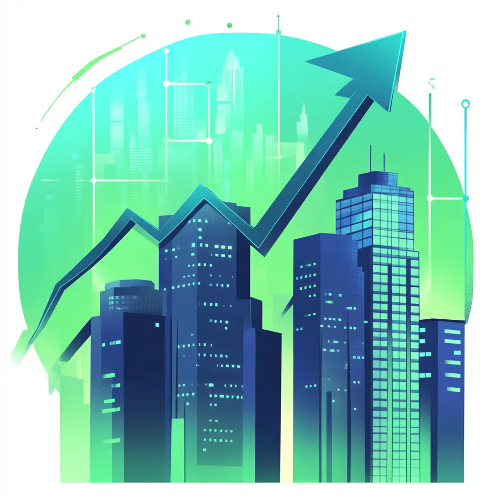 A line graph showing the upward trend of the real estate market, with a city skyline in the background commercial lease.