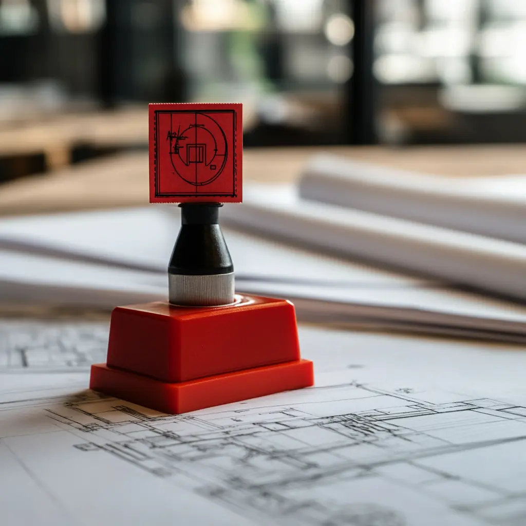 The Power of a Red Stamp: Certifying Technical Drawings A red stamp placed on a stack of technical drawings.