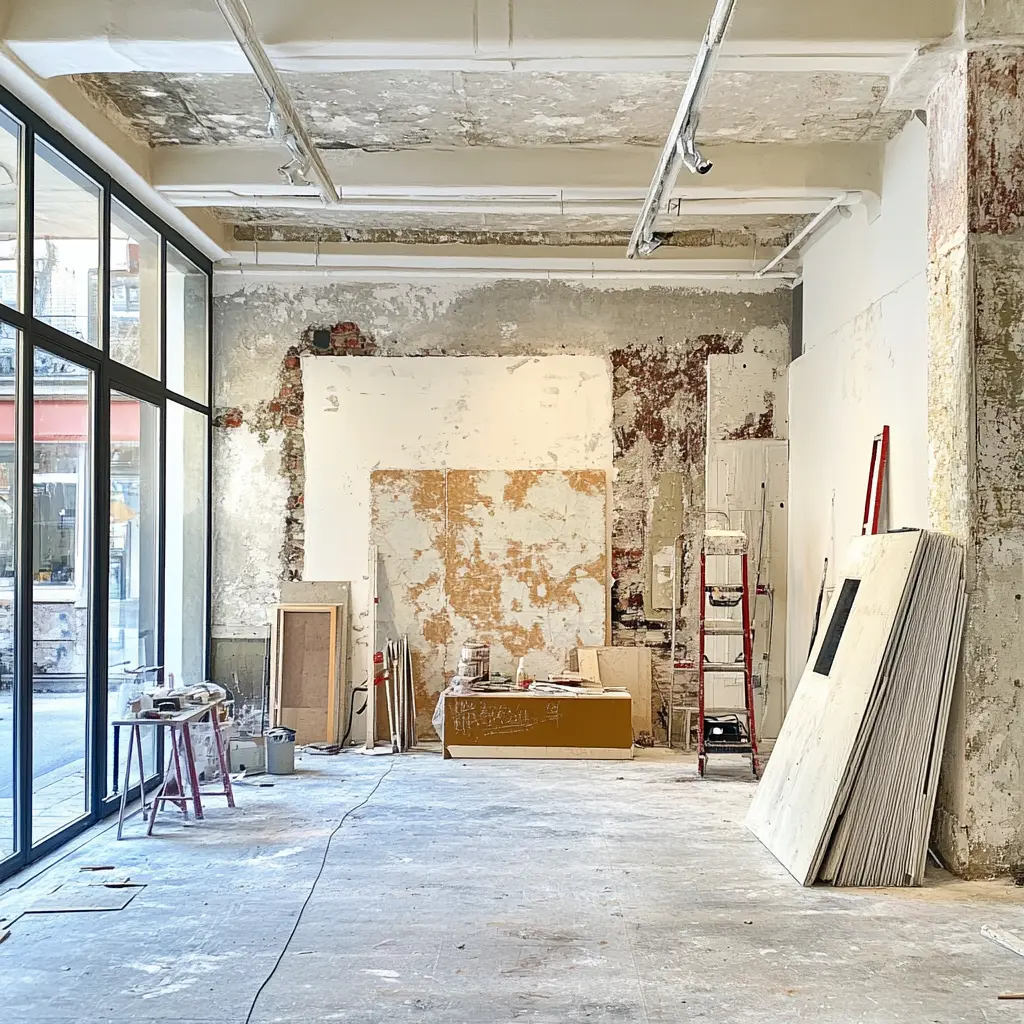 Shop Renovation in Progress: Behind the Scenes Construction workers renovating a retail store, with tools and materials scattered around.