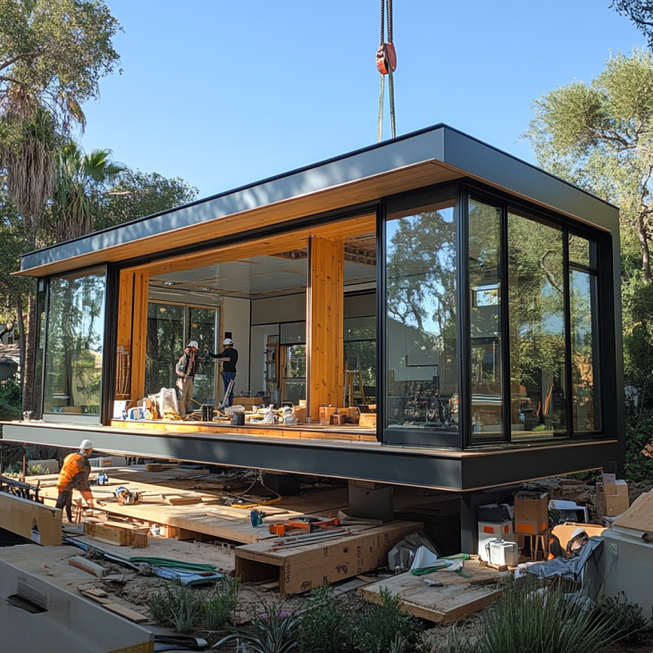 prefab ADUs modular panels being lifted by a crane and assembled in a backyard.