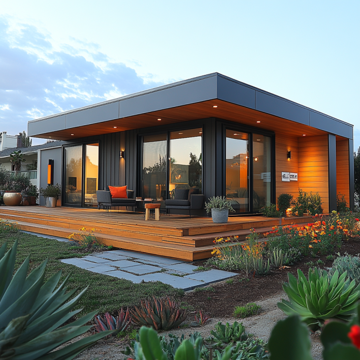 A close-up of a modern prefab ADUs with a price tag, highlighting customizable panels and compact size.