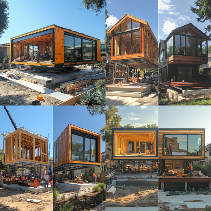 A side-by-side comparison of a traditional ADU under construction and a prefab ADUs being installed.
