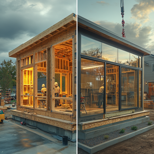 A visual comparison of traditional and prefab ADU construction in Sacramento, showing side-by-side structures.